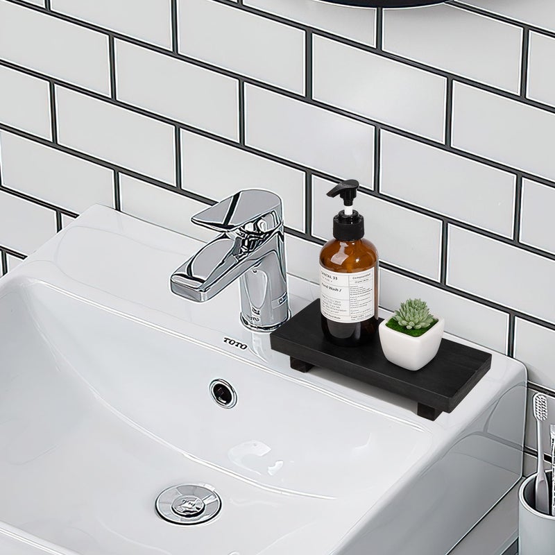 zoocatia Bathroom Counter Organizer Wood Pedestal Stand Farmhouse Decorative Tray Soap Holder for Kitchen Decor  Small  Black - Image 5